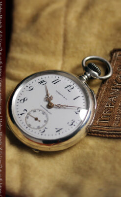 ティファニー 銀無垢アンティーク懐中時計 【1908年頃】銀留めと革紐付き-P2405-18