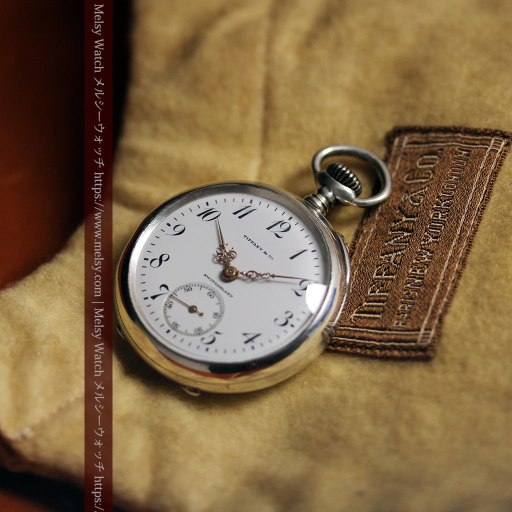 ティファニー 銀無垢アンティーク懐中時計 【1908年頃】銀留めと革紐付き-P2405-18