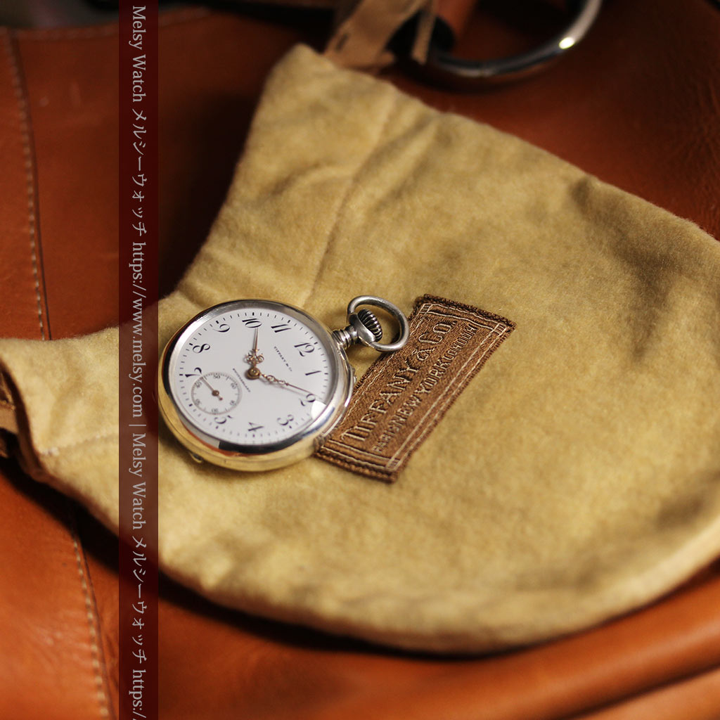 ティファニー 銀無垢アンティーク懐中時計 【1908年頃】銀留めと革紐付き-P2405-19