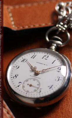 ティファニー 銀無垢アンティーク懐中時計 【1908年頃】銀留めと革紐付き-P2405-2