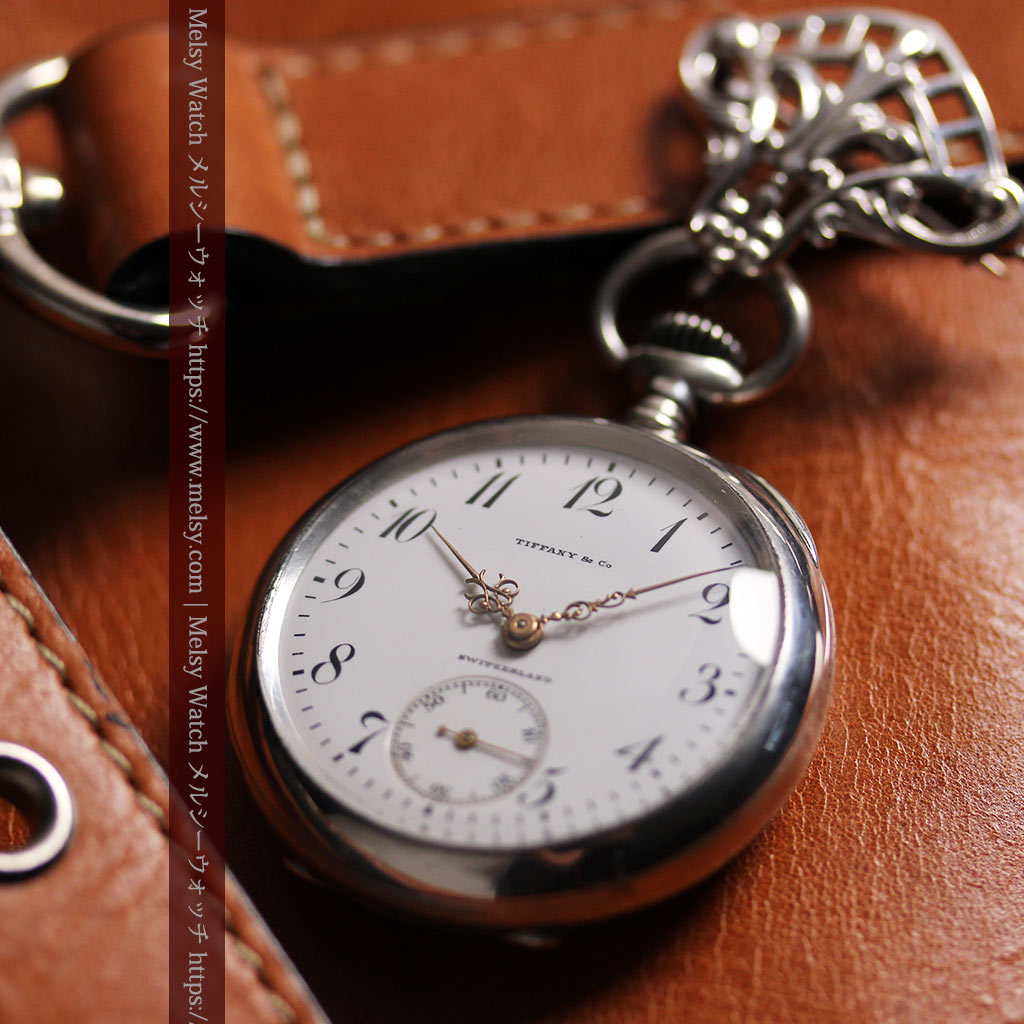 ティファニー 銀無垢アンティーク懐中時計 【1908年頃】銀留めと革紐付き-P2405-2