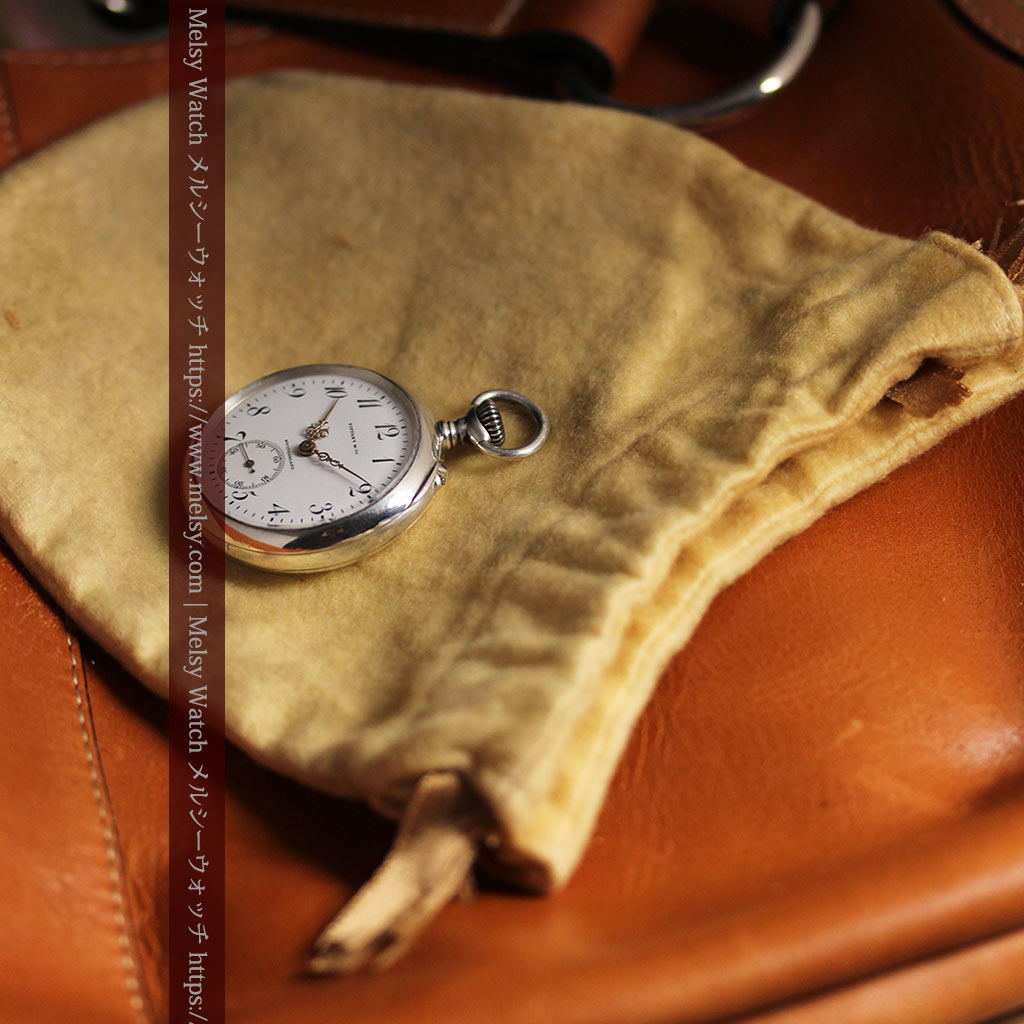 ティファニー 銀無垢アンティーク懐中時計 【1908年頃】銀留めと革紐付き-P2405-20
