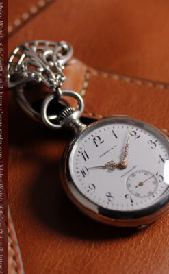 ティファニー 銀無垢アンティーク懐中時計 【1908年頃】銀留めと革紐付き-P2405-3