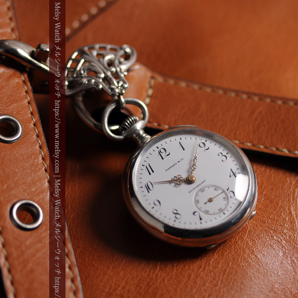 ティファニー 銀無垢アンティーク懐中時計 【1908年頃】銀留めと革紐付き-P2405-3