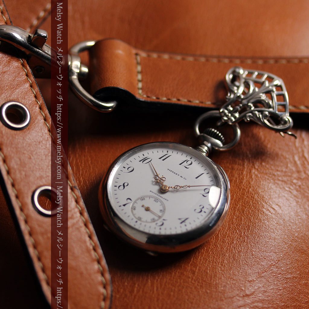 ティファニー 銀無垢アンティーク懐中時計 【1908年頃】銀留めと革紐付き-P2405-4