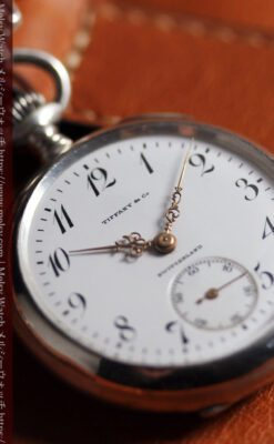 ティファニー 銀無垢アンティーク懐中時計 【1908年頃】銀留めと革紐付き-P2405-5