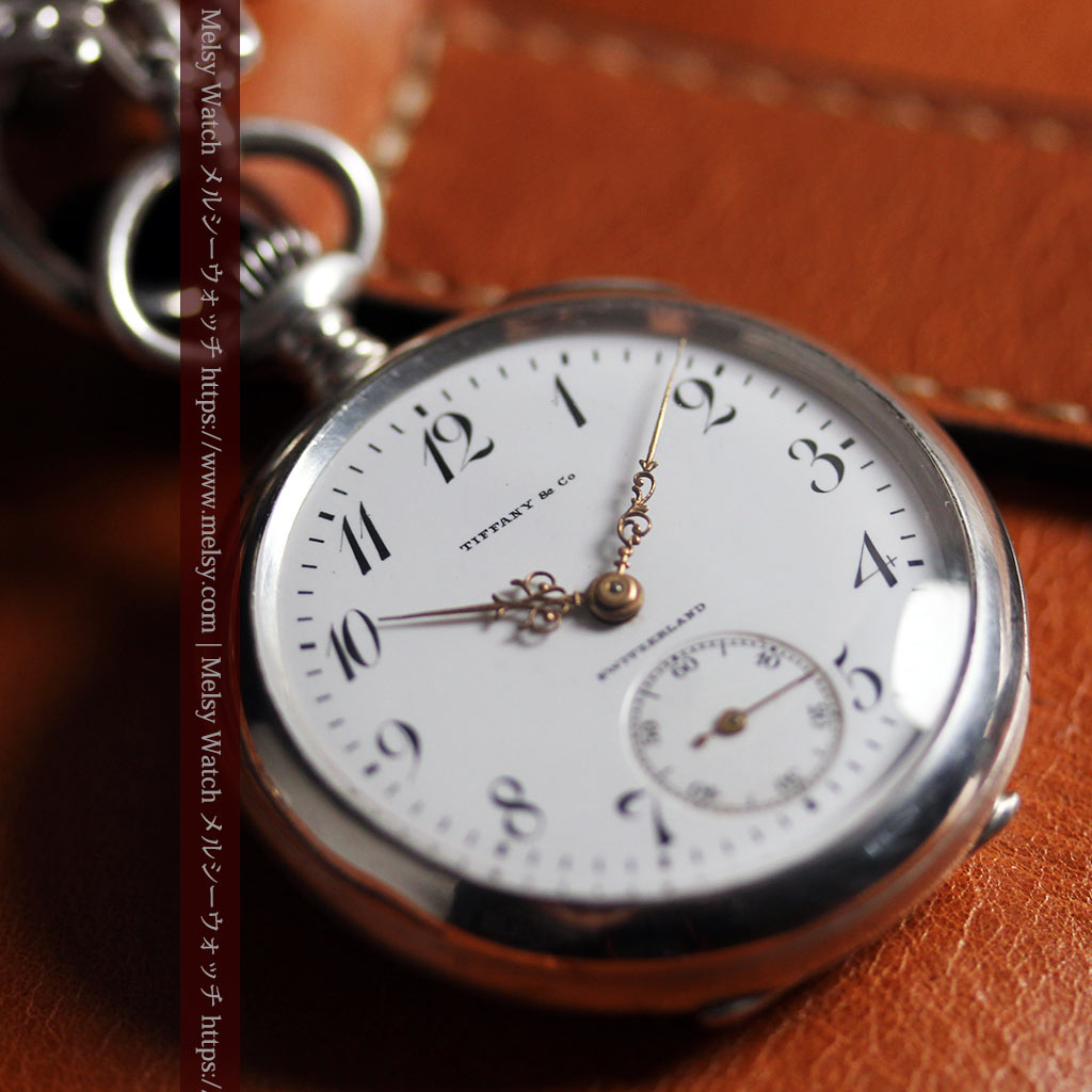ティファニー 銀無垢アンティーク懐中時計 【1908年頃】銀留めと革紐付き-P2405-5