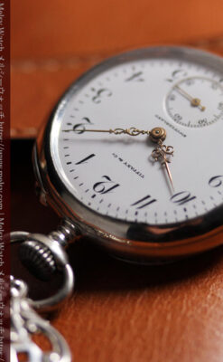 ティファニー 銀無垢アンティーク懐中時計 【1908年頃】銀留めと革紐付き-P2405-6