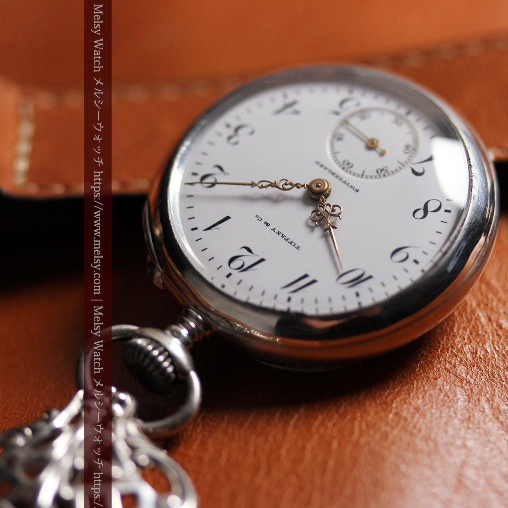 ティファニー 銀無垢アンティーク懐中時計 【1908年頃】銀留めと革紐付き-P2405-6