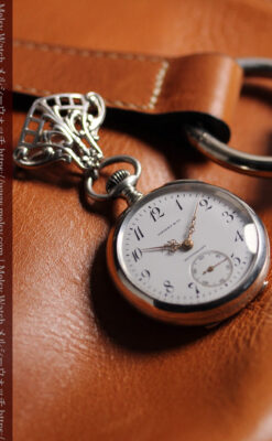 ティファニー 銀無垢アンティーク懐中時計 【1908年頃】銀留めと革紐付き-P2405-7