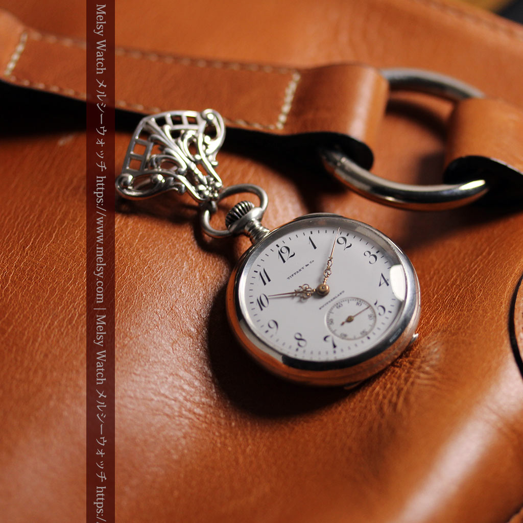 ティファニー 銀無垢アンティーク懐中時計 【1908年頃】銀留めと革紐付き-P2405-7