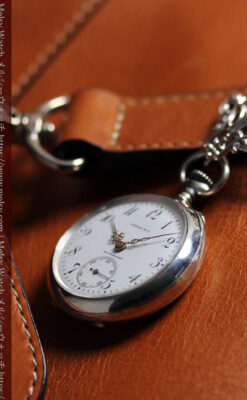 ティファニー 銀無垢アンティーク懐中時計 【1908年頃】銀留めと革紐付き-P2405-8
