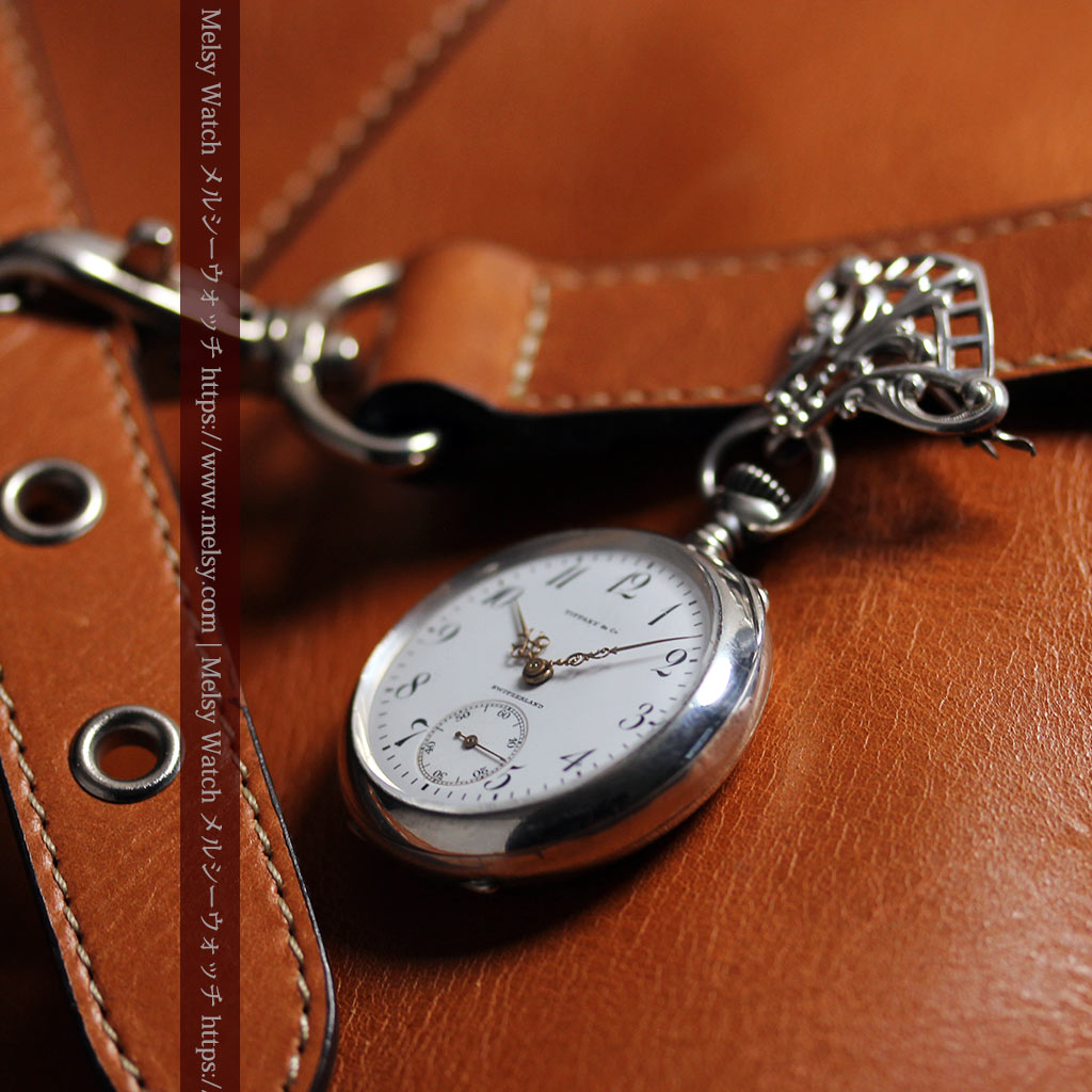 ティファニー 銀無垢アンティーク懐中時計 【1908年頃】銀留めと革紐付き-P2405-8