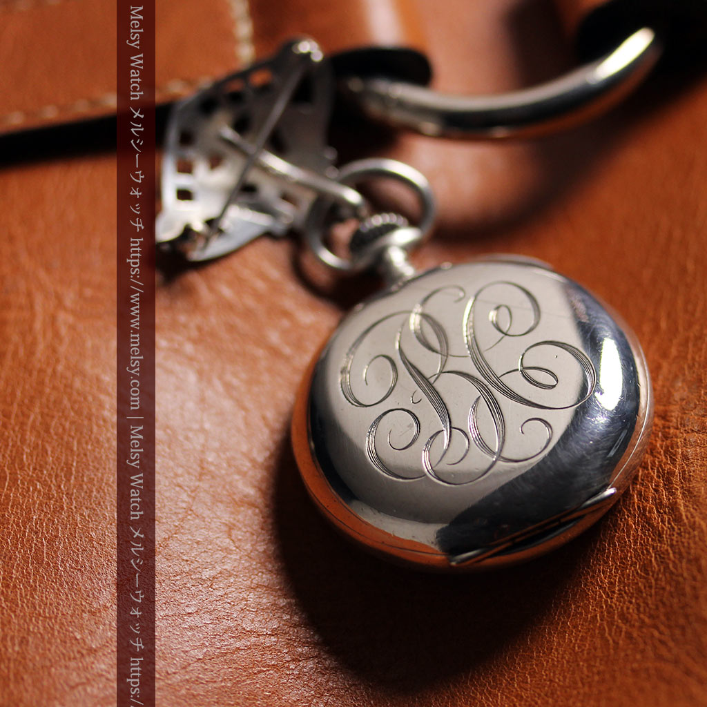 ティファニー 銀無垢アンティーク懐中時計 【1908年頃】銀留めと革紐付き-P2405-9