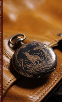 オメガの銀無垢アンティーク懐中時計・ニエロ黒金装飾 【1917年頃】佇む牝鹿-P2407-11