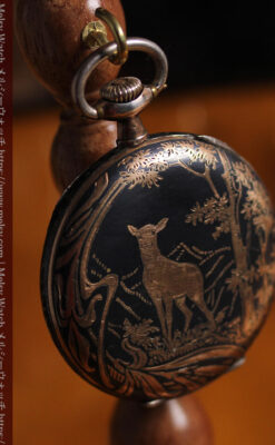 オメガの銀無垢アンティーク懐中時計・ニエロ黒金装飾 【1917年頃】佇む牝鹿-P2407-13