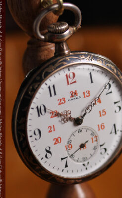 オメガの銀無垢アンティーク懐中時計・ニエロ黒金装飾 【1917年頃】佇む牝鹿-P2407-14