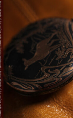 オメガの銀無垢アンティーク懐中時計・ニエロ黒金装飾 【1917年頃】佇む牝鹿-P2407-18