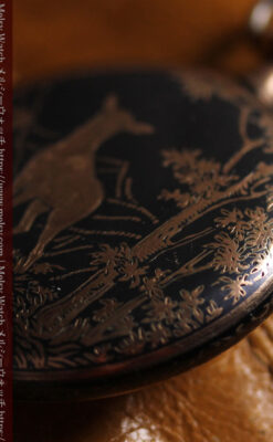 オメガの銀無垢アンティーク懐中時計・ニエロ黒金装飾 【1917年頃】佇む牝鹿-P2407-20