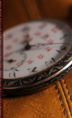 オメガの銀無垢アンティーク懐中時計・ニエロ黒金装飾 【1917年頃】佇む牝鹿-P2407-21