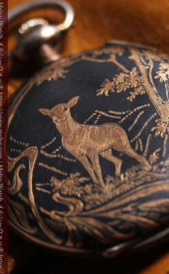 オメガの銀無垢アンティーク懐中時計・ニエロ黒金装飾 【1917年頃】佇む牝鹿-P2407-4