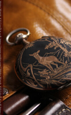 オメガの銀無垢アンティーク懐中時計・ニエロ黒金装飾 【1917年頃】佇む牝鹿-P2407-8