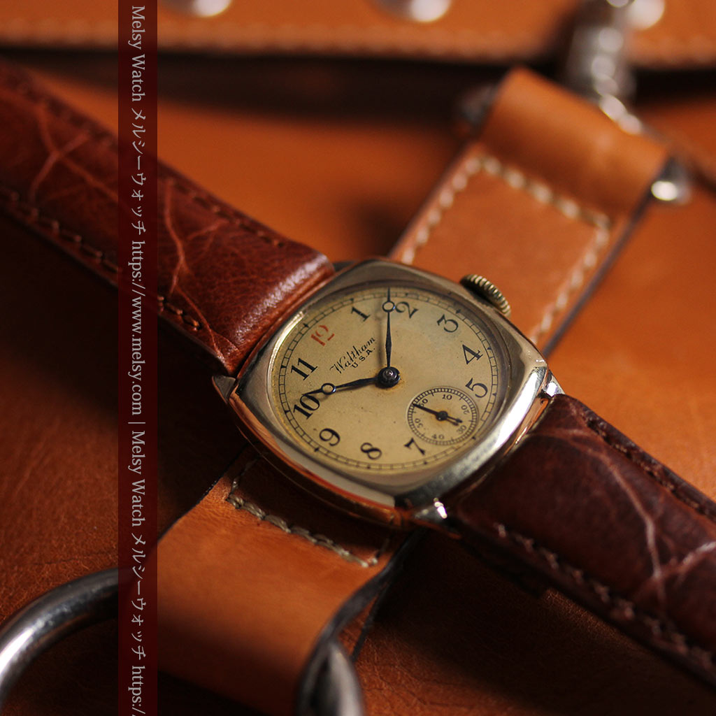 英国仕立てウォルサムの金無垢アンティーク腕時計 クッション型-W1668-1