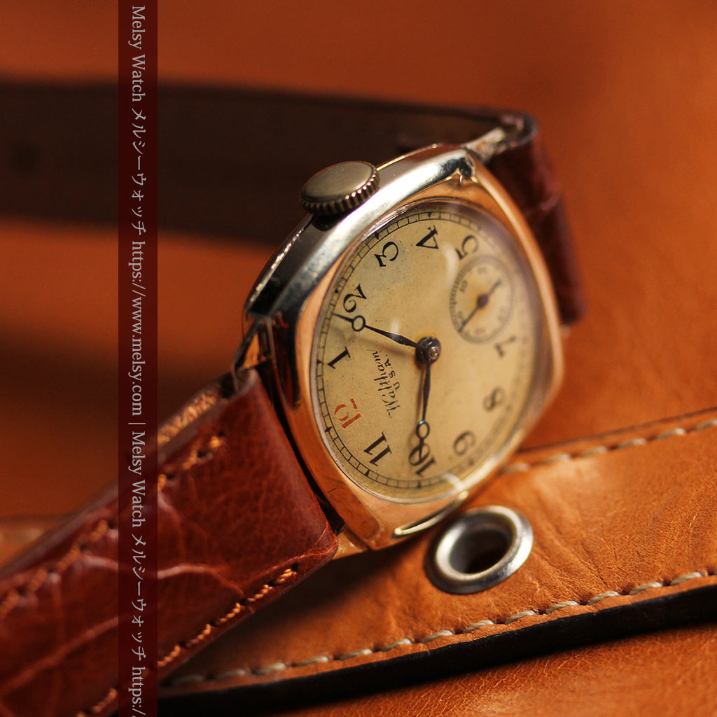 英国仕立てウォルサムの金無垢アンティーク腕時計 クッション型-W1668-11