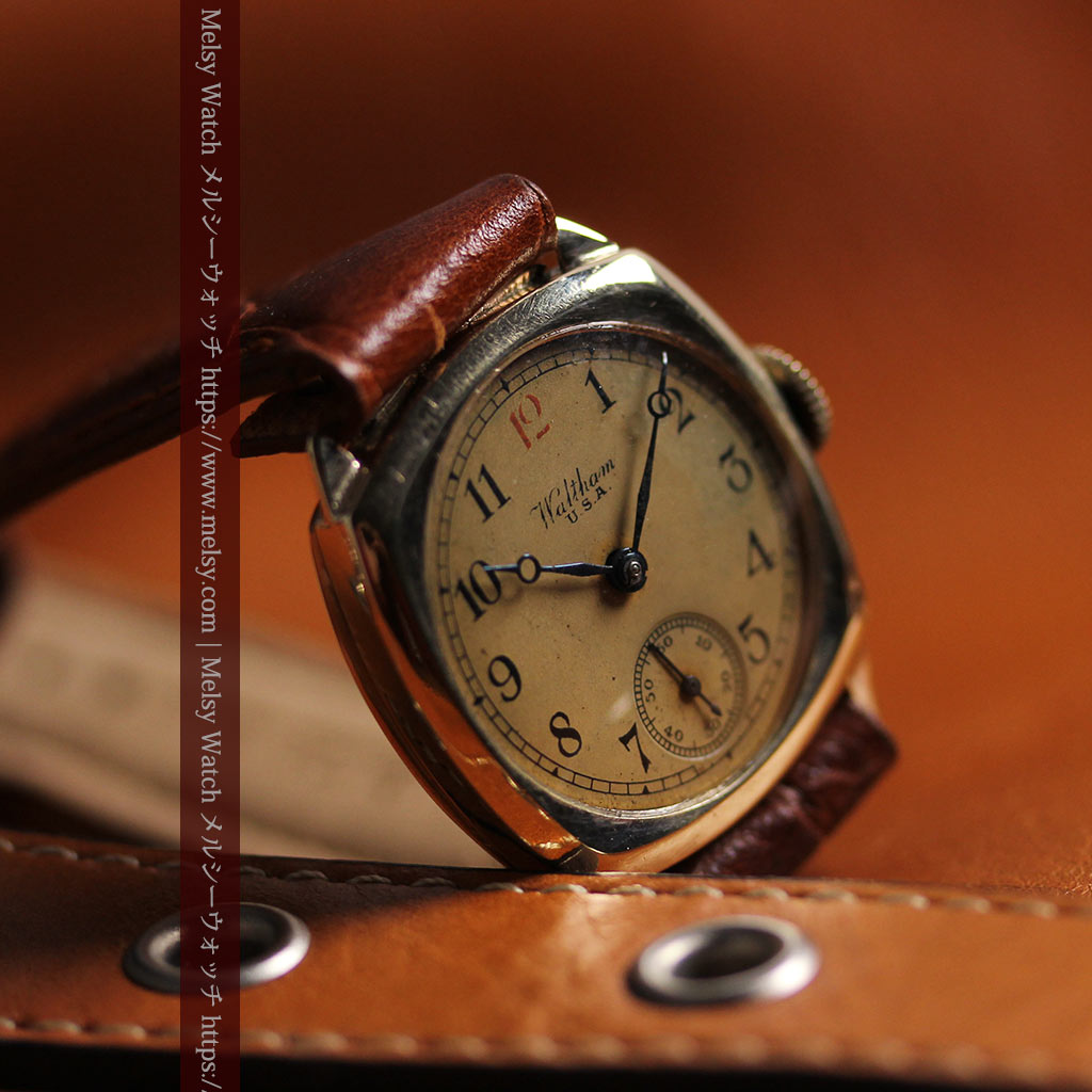 英国仕立てウォルサムの金無垢アンティーク腕時計 クッション型-W1668-3