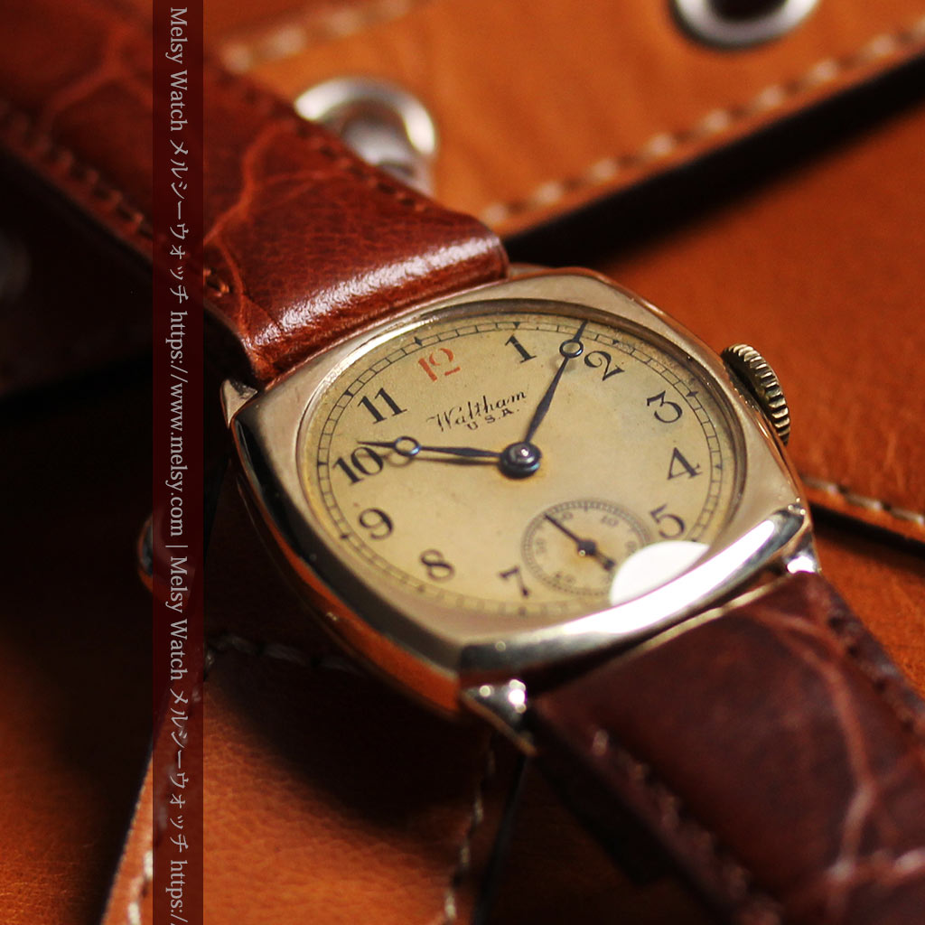 英国仕立てウォルサムの金無垢アンティーク腕時計 クッション型-W1668-8