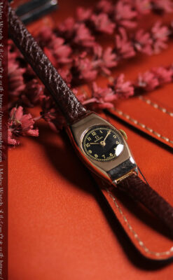 オメガ 9金無垢女性用アンティーク腕時計 黒文字盤 細身の樽型-W1669-1