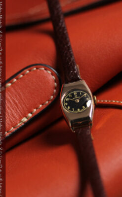 オメガ 9金無垢女性用アンティーク腕時計 黒文字盤 細身の樽型-W1669-2