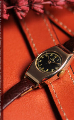 オメガ 9金無垢女性用アンティーク腕時計 黒文字盤 細身の樽型-W1669-4