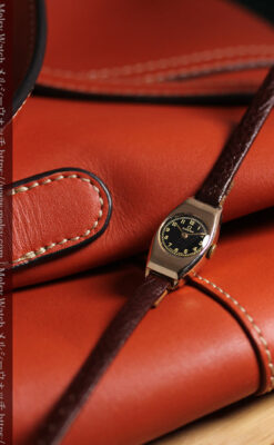 オメガ 9金無垢女性用アンティーク腕時計 黒文字盤 細身の樽型-W1669-8