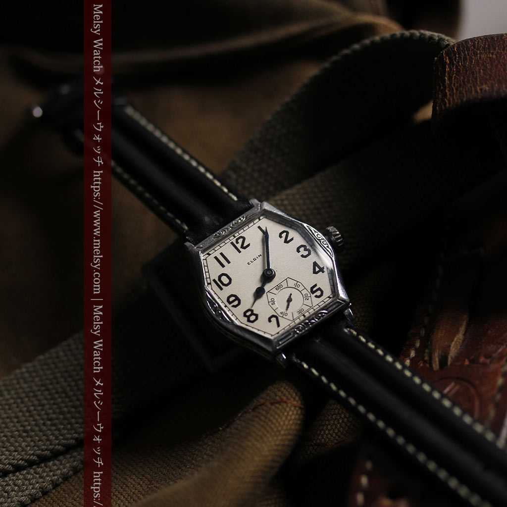 エルジンのアンティーク腕時計 銀色の縦長六角形 カジュアル-W1672-6