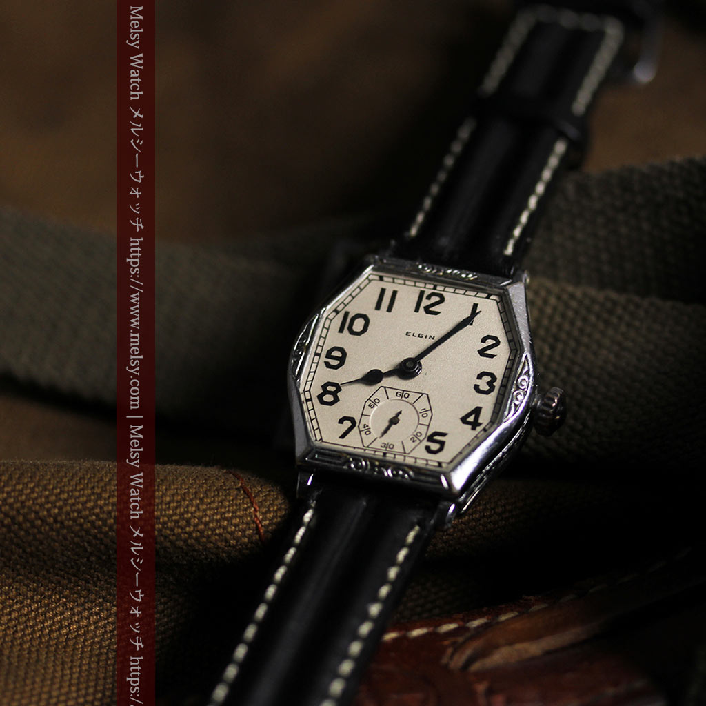 エルジンのアンティーク腕時計 銀色の縦長六角形 カジュアル-W1672-7