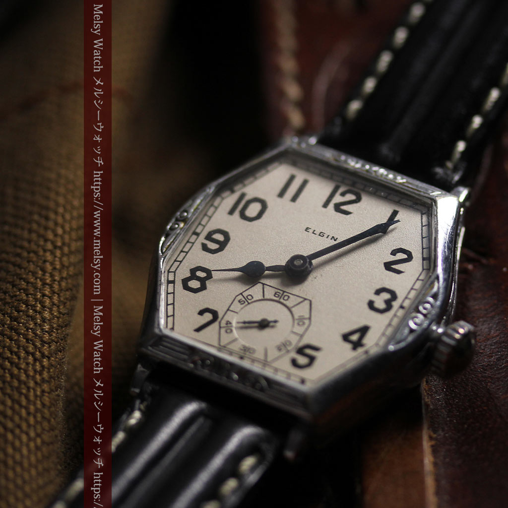 エルジンのアンティーク腕時計 銀色の縦長六角形 カジュアル-W1672-8