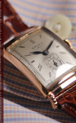 カーベックス グリュエンのアンティーク腕時計 ローズ色＆階段ラグ 【1941年頃】-W1676-13