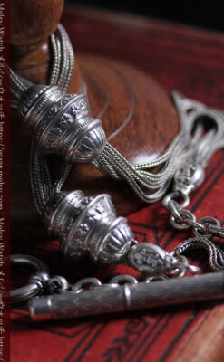 銀無垢アンティーク懐中時計チェーン 銀の紐・銀の飾りに銀の爪楊枝付き 【1900年頃】-C0535-1