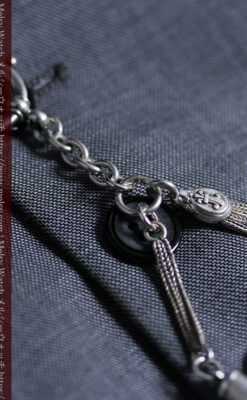 銀無垢アンティーク懐中時計チェーン 銀の紐・銀の飾りに銀の爪楊枝付き 【1900年頃】-C0535-14