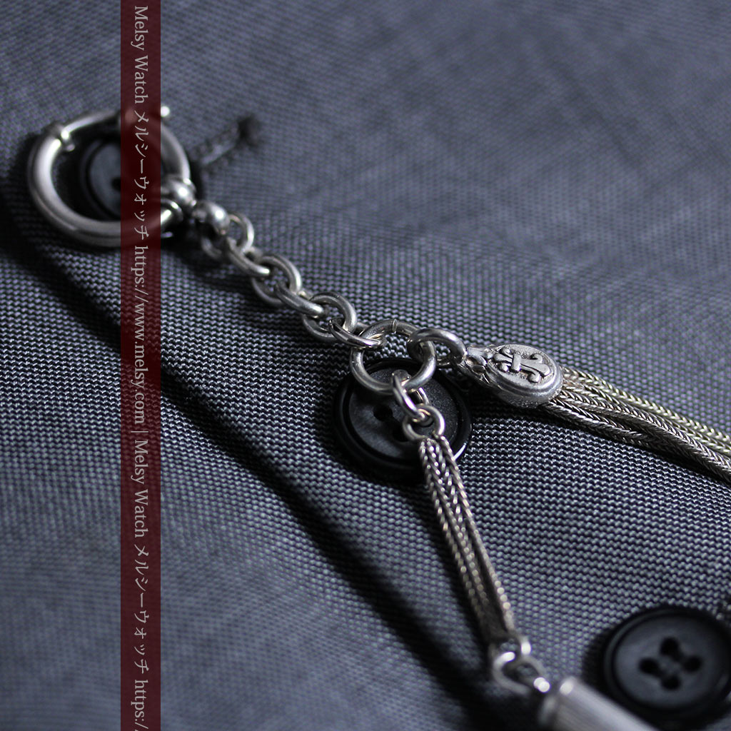 銀無垢アンティーク懐中時計チェーン 銀の紐・銀の飾りに銀の爪楊枝付き 【1900年頃】-C0535-14