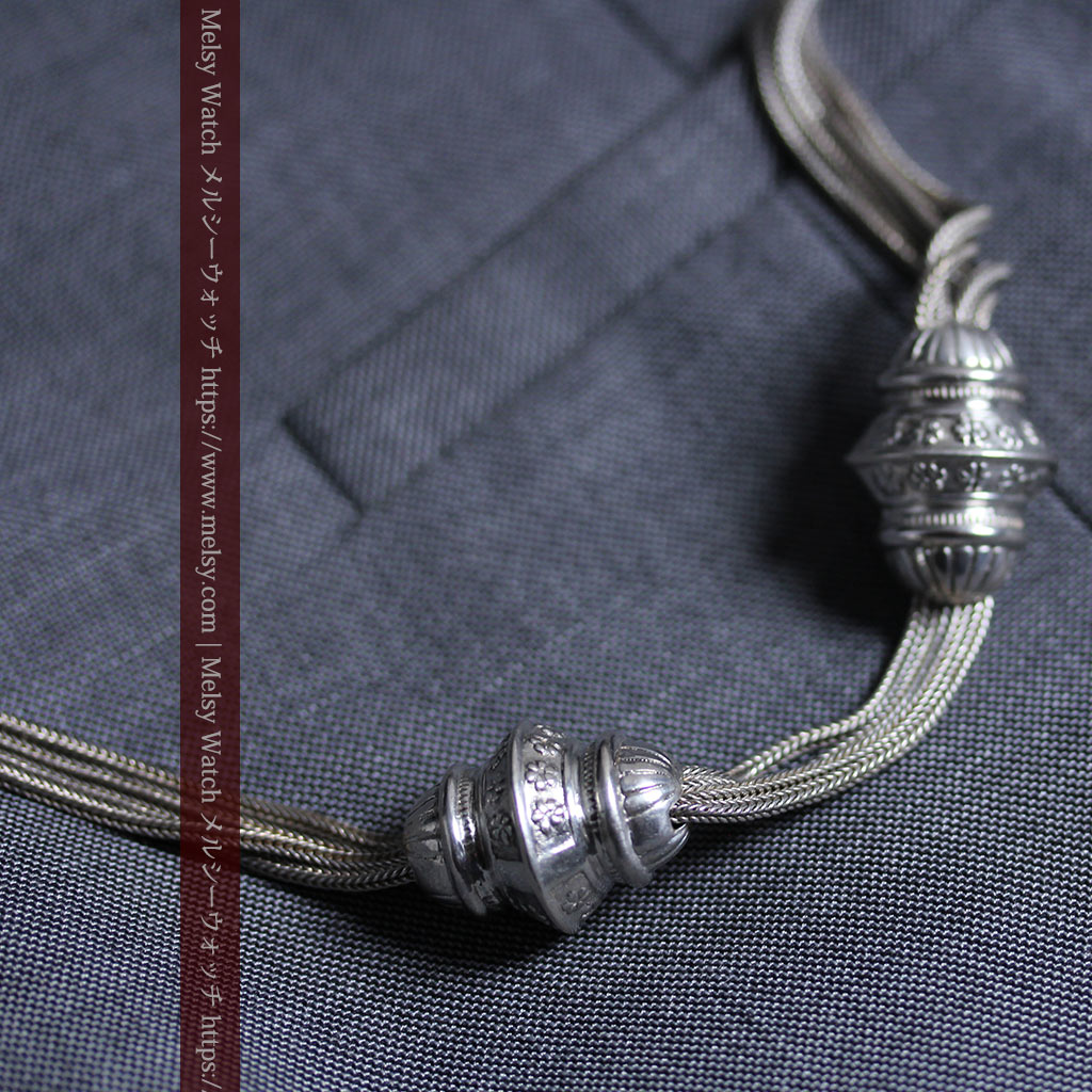 銀無垢アンティーク懐中時計チェーン 銀の紐・銀の飾りに銀の爪楊枝付き 【1900年頃】-C0535-16