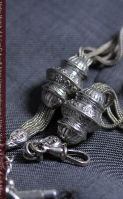 銀無垢アンティーク懐中時計チェーン 銀の紐・銀の飾りに銀の爪楊枝付き 【1900年頃】-C0535-17