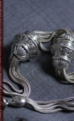 銀無垢アンティーク懐中時計チェーン 銀の紐・銀の飾りに銀の爪楊枝付き 【1900年頃】-C0535-18