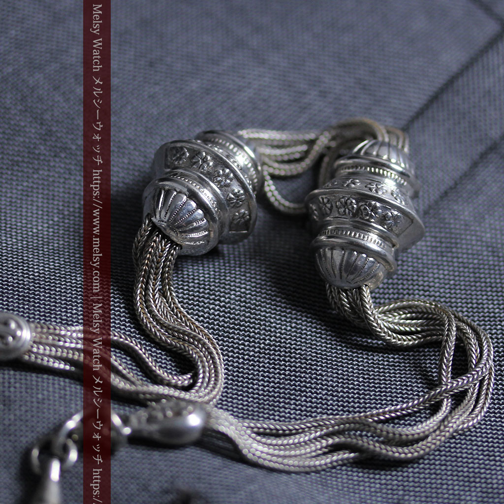 銀無垢アンティーク懐中時計チェーン 銀の紐・銀の飾りに銀の爪楊枝付き 【1900年頃】-C0535-18