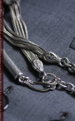 銀無垢アンティーク懐中時計チェーン 銀の紐・銀の飾りに銀の爪楊枝付き 【1900年頃】-C0535-19