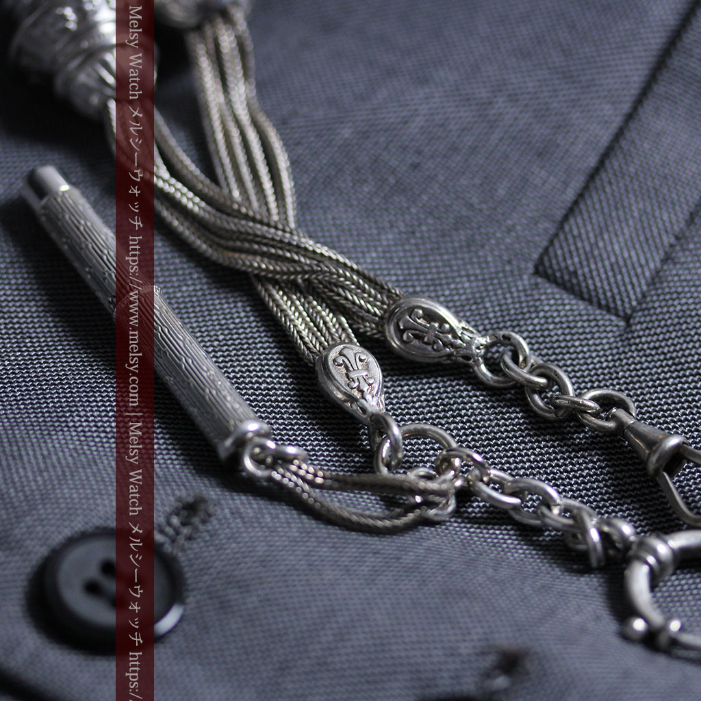 銀無垢アンティーク懐中時計チェーン 銀の紐・銀の飾りに銀の爪楊枝付き 【1900年頃】-C0535-19