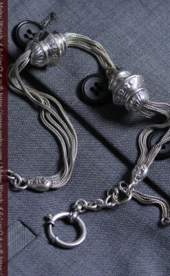 銀無垢アンティーク懐中時計チェーン 銀の紐・銀の飾りに銀の爪楊枝付き 【1900年頃】-C0535-21