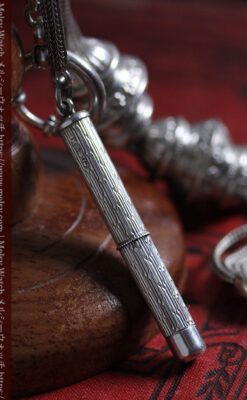 銀無垢アンティーク懐中時計チェーン 銀の紐・銀の飾りに銀の爪楊枝付き 【1900年頃】-C0535-3