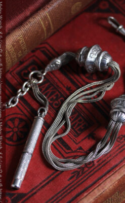 銀無垢アンティーク懐中時計チェーン 銀の紐・銀の飾りに銀の爪楊枝付き 【1900年頃】-C0535-5